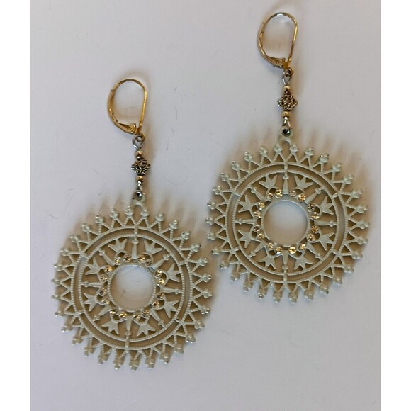 Handmade Enameled Goldtone Crystal Filagree Sunburst Statement Earrings 3 in - Picture 8 of 11